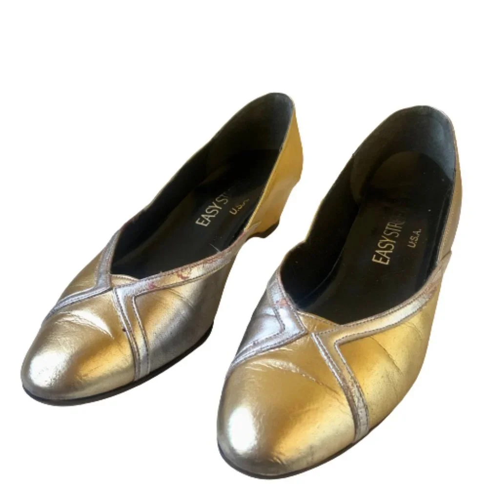 Easy Street Vintage 80's Low Wedge Pump Silver + Gold Made in USA USED